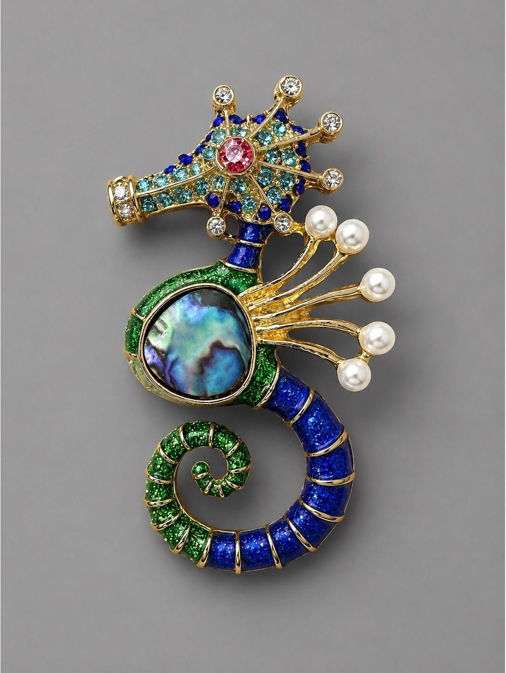 Seahorse Brooch with Pearls and Rhinestones